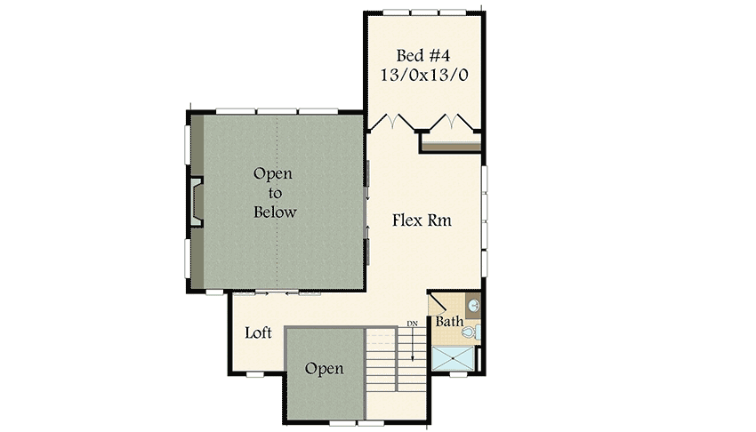 Second level floor plan of the Double Height Modern Farmhouse with a loft, flex room, bathroom, and a bedroom.