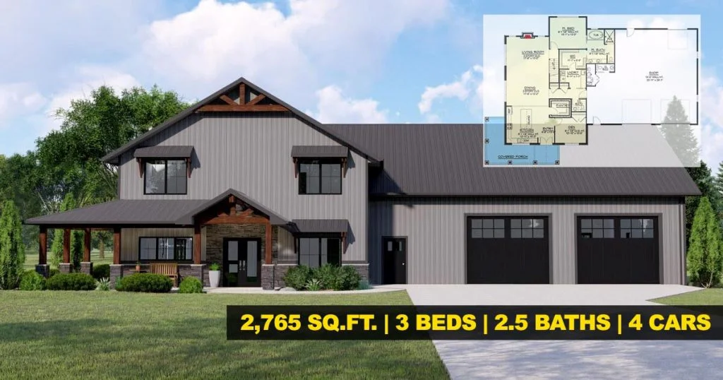 a front exterior view of 2,765 sq. ft. grey barndominium with a small floor plan example in the upper right corner