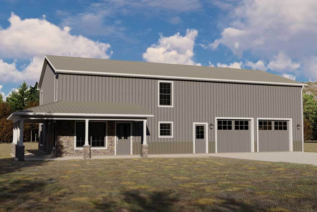 Front view of the Refreshing Barndominum in a grey color scheme and white trim.