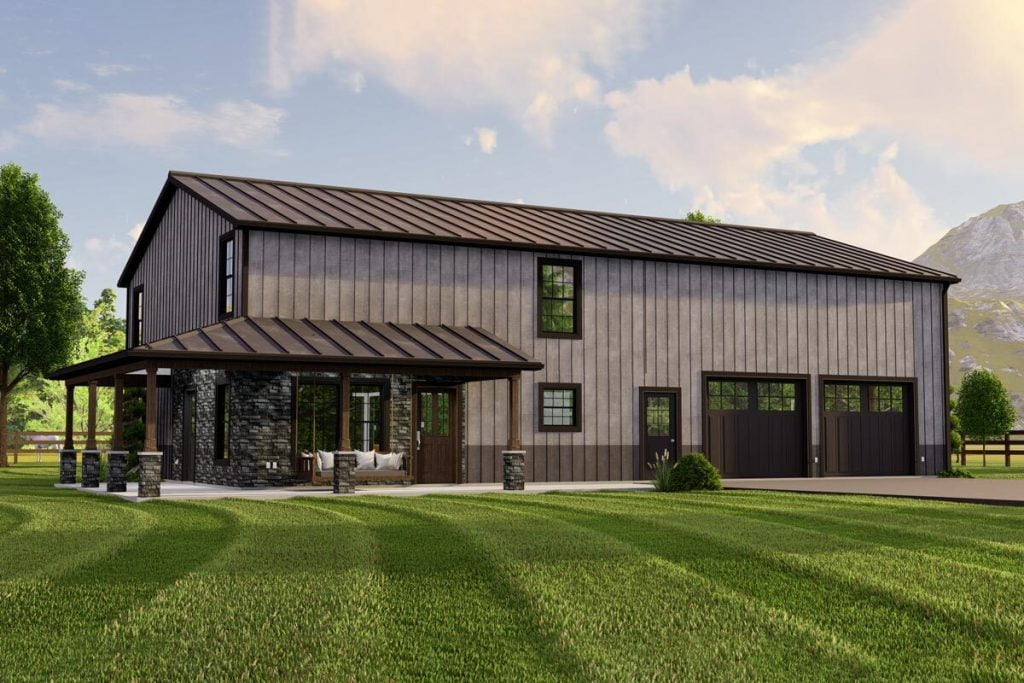3D render of the Refreshing Barndominum in a grey color scheme and black trim.