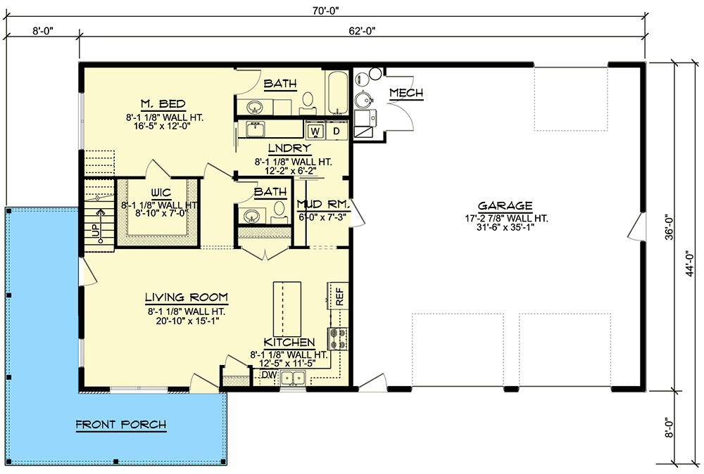 First level floor plan of the Refreshing Barndominum with a front porch, living room, kitchen, 3-car garage, bathroom, mudroom, laundry room, bathroom, mech room, and main bedroom.