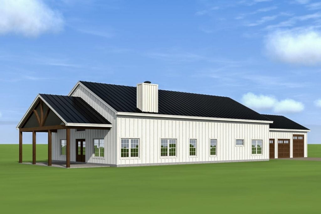 3D rendering of the Right side showing the covered porch with a wooden column, wooden double door, and 3 garage doors 
