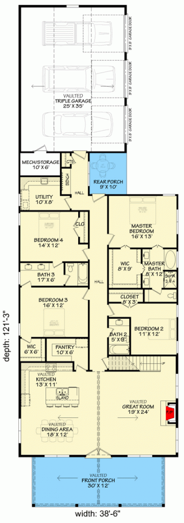 First-floor plan of the Country house with a front porch, great room, kitchen, dining area, pantry, utilty room, mech or storage room, rear porch, vaulted triple garage and 4 bedrooms with bathrooms