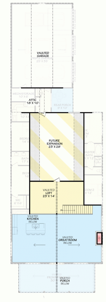 Second-floor plan of the country house with a vaulted loft, attic, and the space for future expansion