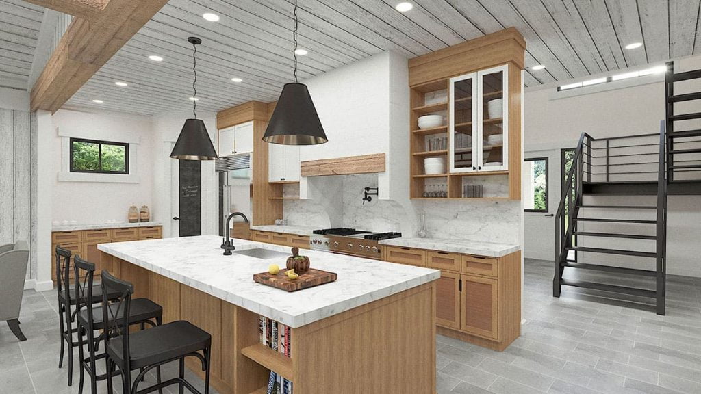 The kitchen area shows a granite kitchen island, metal kitchen stools, wooden kitchen cabinets, and a granite countertop
