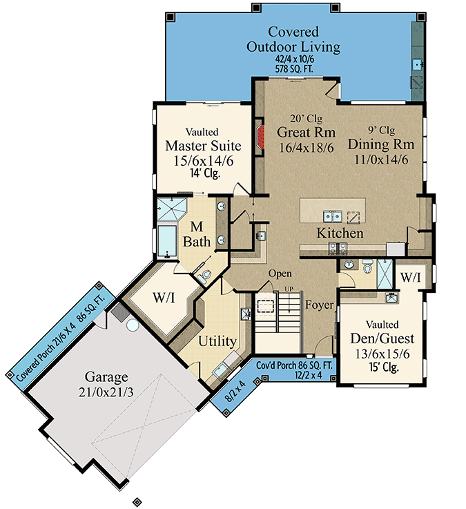 First level floor Plan of the New American Style Country House with a covered porch, garage, foyer utility room, bathroom, 2 walk-in closet, 2 bedrooms, a great room, dining room, kitchen, and a covered outdoor living space