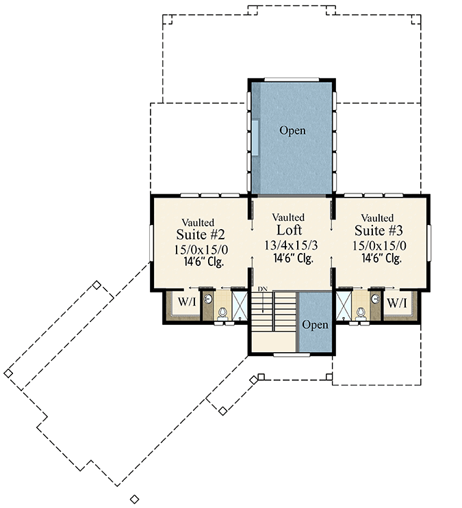 Second level floor Plan of the New American Style Country House with a vaulted loft, 2 vaulted bedrooms with walk-in closet, and open spaces seeing the great room and foyer 