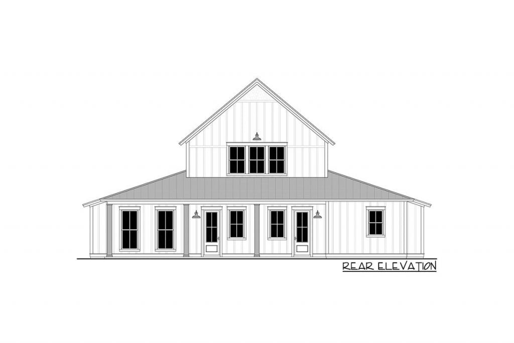 Rear elevation sketch of the classy double-height modern farmhouse