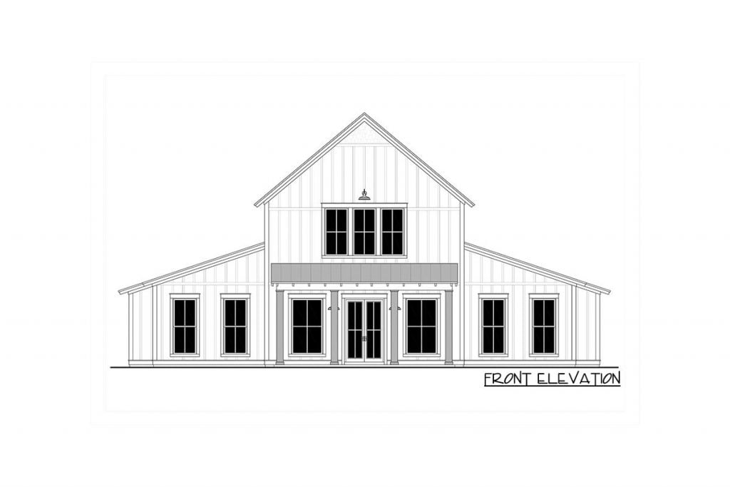 Front elevation sketch of the classy double-height modern farmhouse