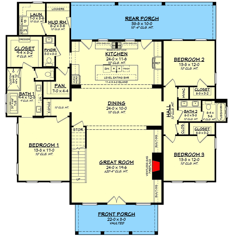 Main floor plan of barndominium, with a wrap-around covered porch, highlighted. 