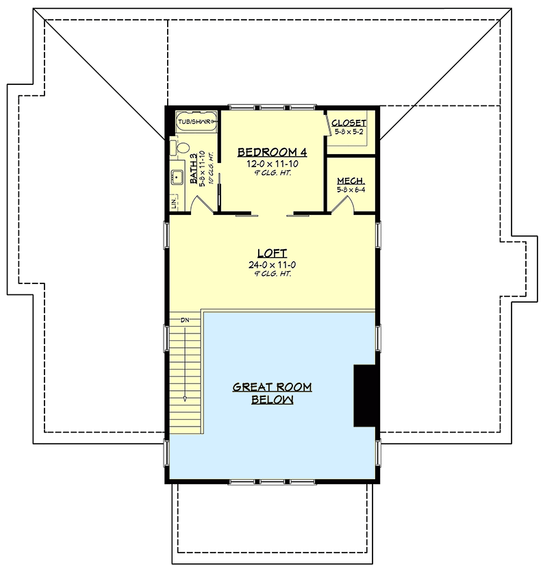2nd floor plan of barndominium with the bedroom, loft and view of the great room below