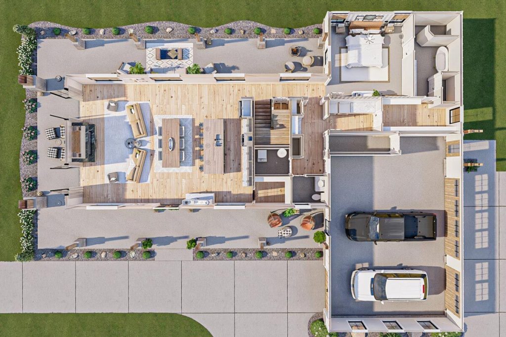 3D rendered floor plan of the Stylish 4BHK New American Barndominum 