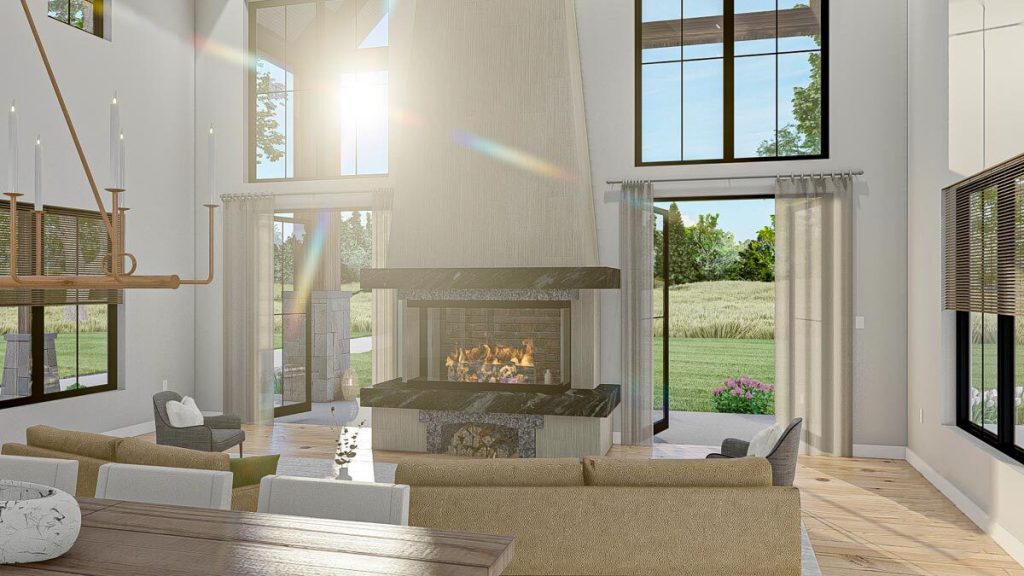 In the living room that streaming sunlight from clerestory windows and french doors, showcases the fireplace and sofas