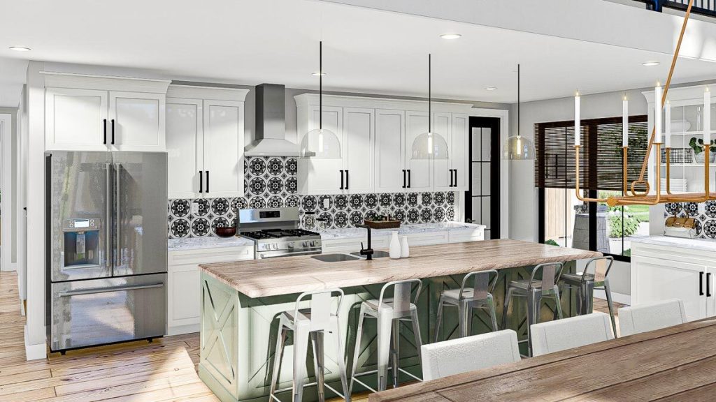 The kitchen is equipped with slate appliances, a breakfast island, white cabinets accentuated with nicely patterned tiles