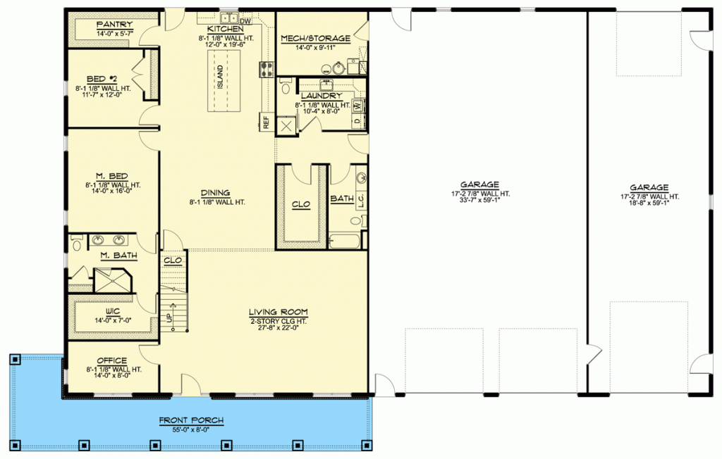 First level floor plan of the Classy 4BHK Barndominium with a 6-car garage, front porch, living room, office, dining room, kitchen, laundry room, storage, bath, pantry, and 2 bedrooms.