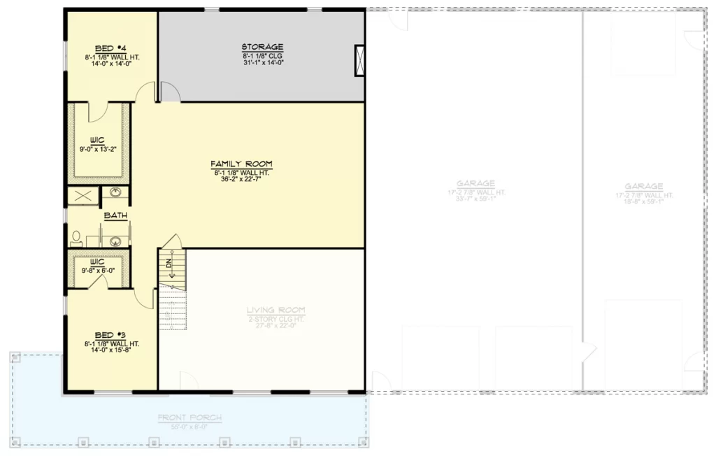 Second level floor plan of the Classy 4BHK Barndominium with a family room, storage room, bathroom, and 2 bedrooms.