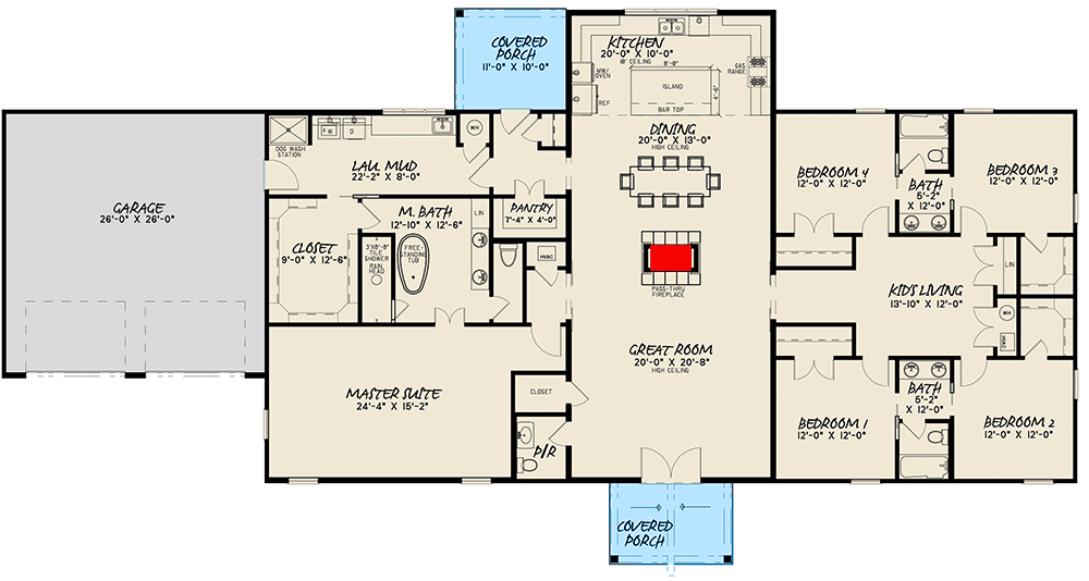 First level floor plan of the Glorious 5BHK Barndo with a 2-car garage, great room, dining, laundry/mudroom, covered porch, kids' living room, closet, pantry, 4 bedrooms, and the master suite.
