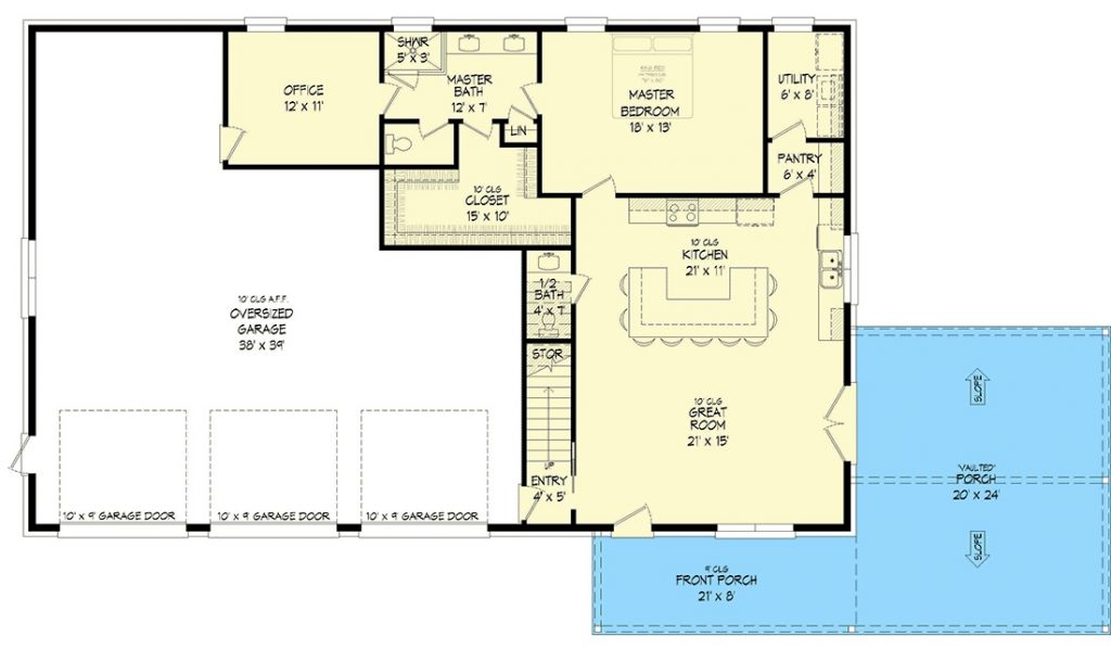 First level floor plan of the 5BHK Superior Country Style House with a 3-car garage, front porch, great room, kitchen, master bedroom, utility, pantry, master bedroom, office, and closet. 