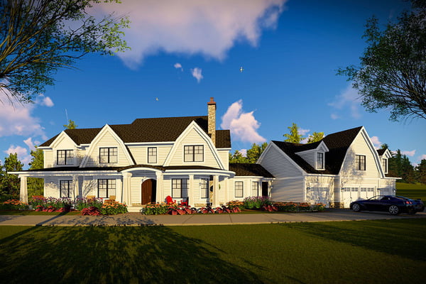 3D rendered front view of the 5-bedroom 2-story modern farmhouse.
