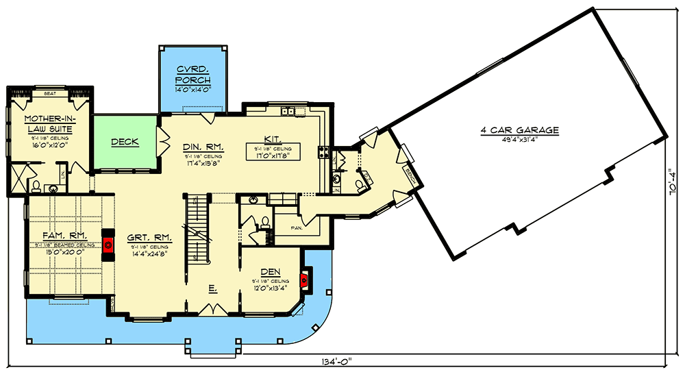 First-level floor plan of the Luxurious Modern Farmhouse with a 4-car garage, covered porch, kitchen, family room, great room, deck, dining room, a mother-in-law suite.
