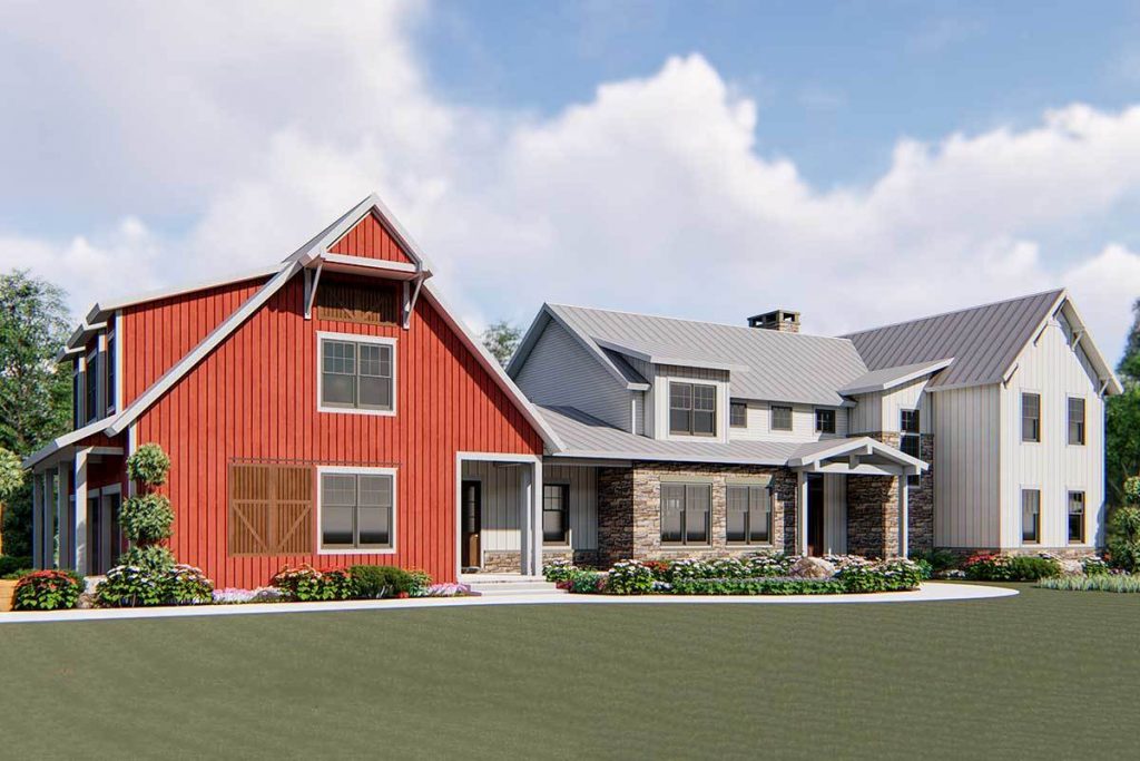 Front view of the heavenly country house with the barn-style 3 car garage and wrap-around porch.