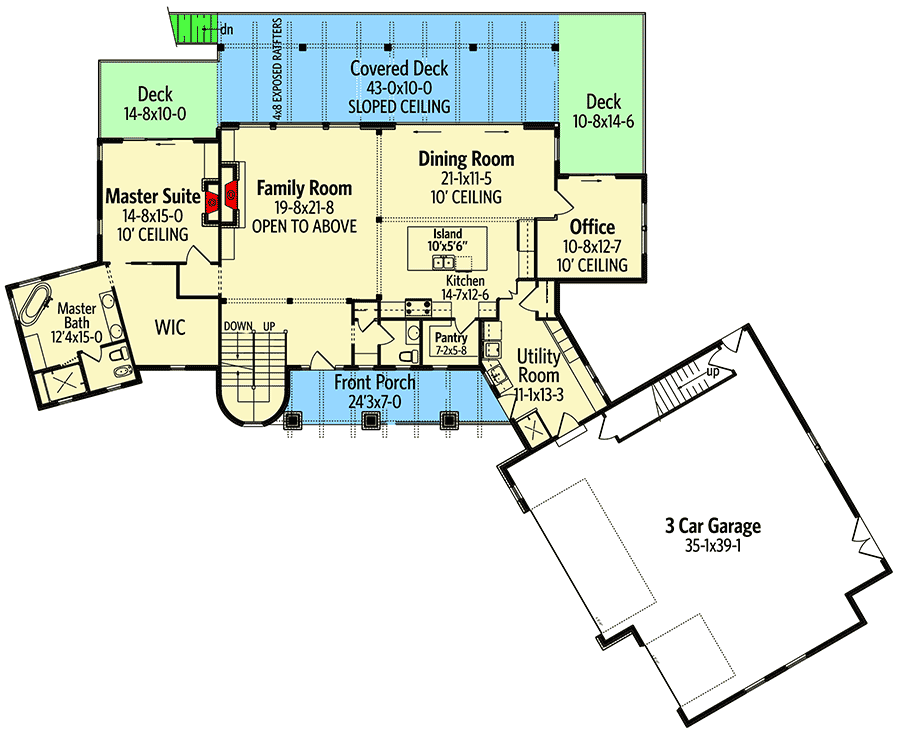 First level floor plan of the Jaw-Dropping Contemporary Barn Home with a 3-car garage, front porch, covered, deck, family room, kitchen, dining room, office, utility, pantry, deck, master bath, and master suite.