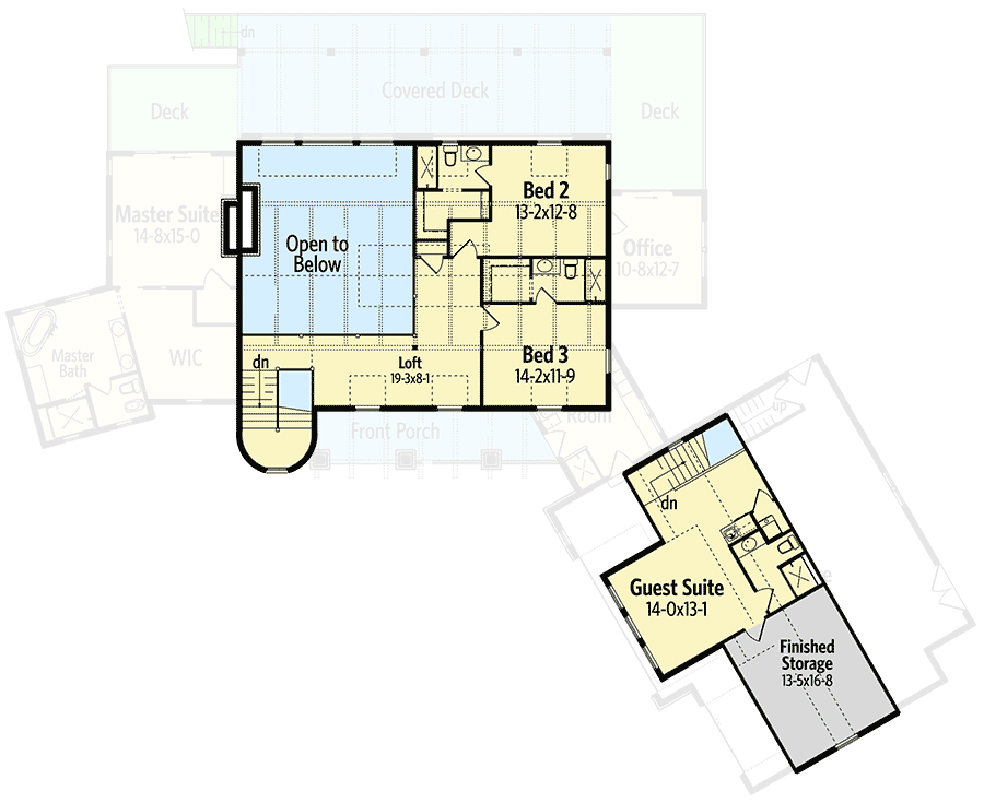 Second level floor plan of the Jaw-Dropping Contemporary Barn Home with a loft, 2 bedrooms, and a guest suite.
