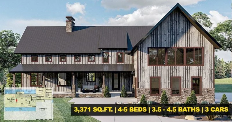 Front view of the Modern Mountain House with, covered porch and lounge, with the front garden and yard showcased