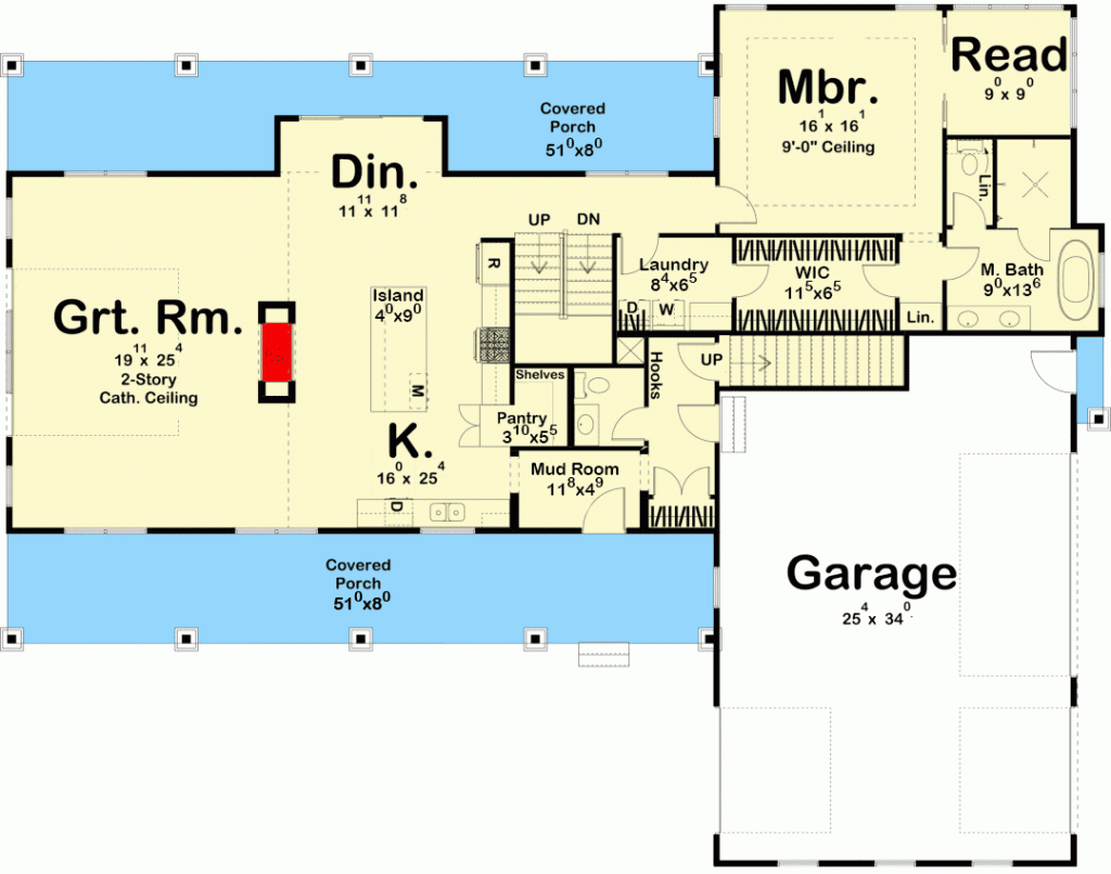 First-floor plan of modern mountain house with great room, garage, covered porch, dinner, kitchen, master bath, mud room, pantry, laundry, read or library room, and master bedroom.