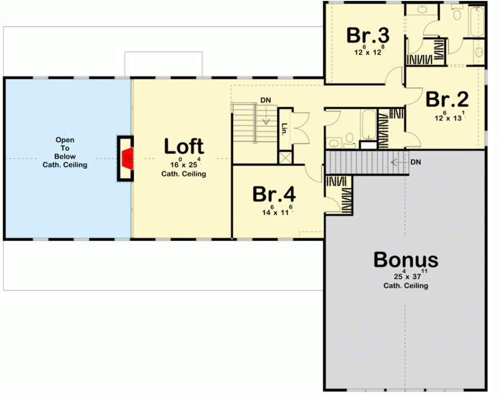 Second-floor plan with bonus room, loft, open to below ceiling and 3 bedroom.