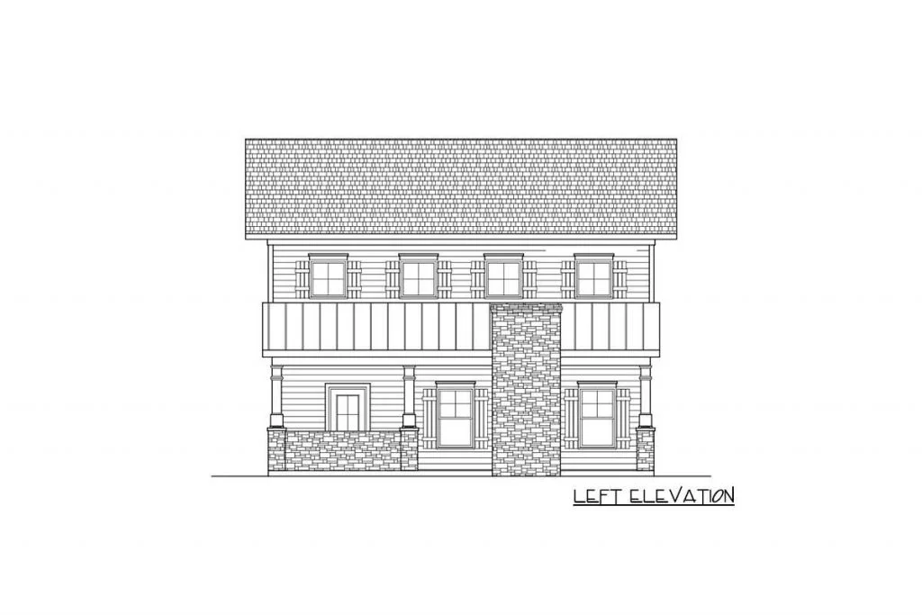Left elevation sketch of the Brilliant Barn-like Ranch Home barndominium.