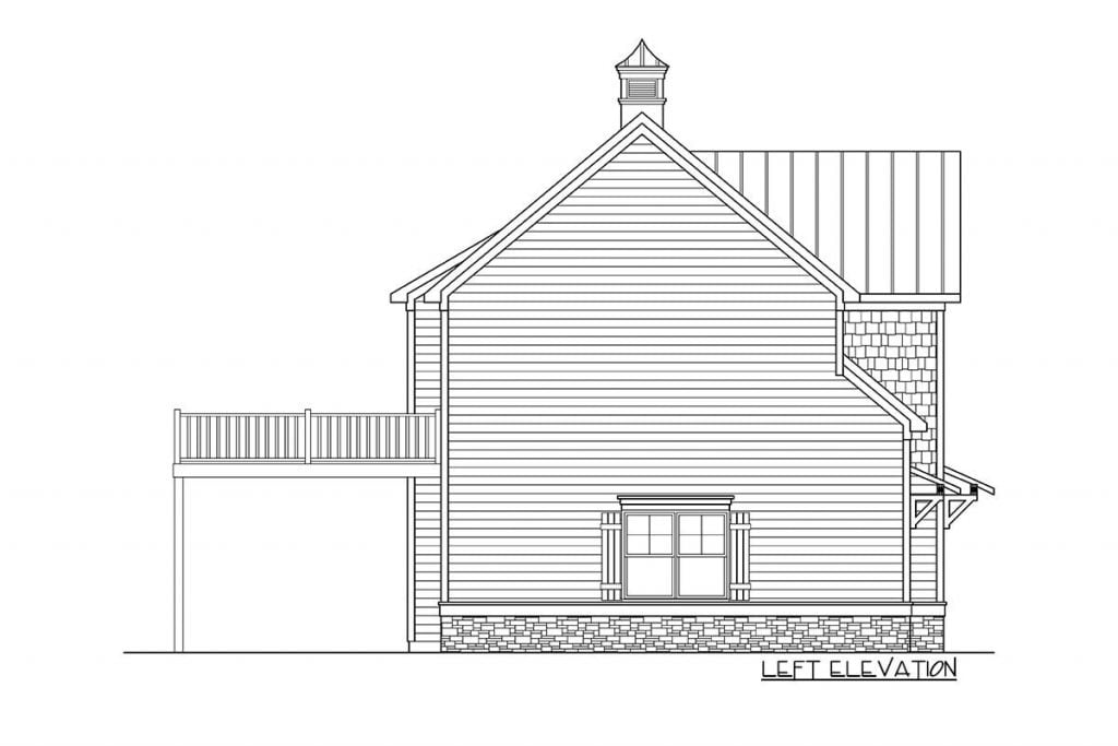 The left elevation sketch of the Refined Garage Apartment & Open Deck barndominium.