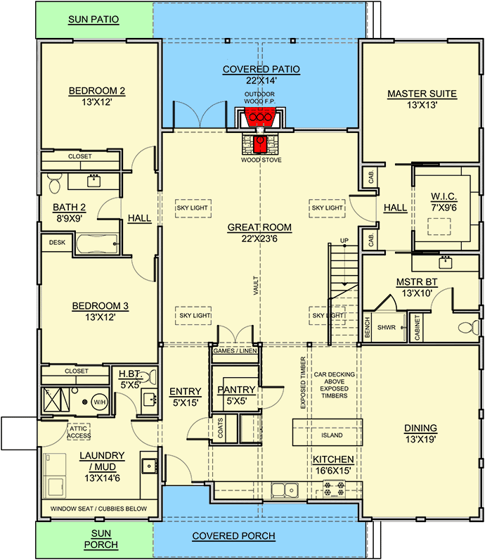 Main level floor plan of the Spacious Country Style House barndominium with porches, patios, dining area, great room, kitchen, mudroom, pantry, and 3 bedrooms.