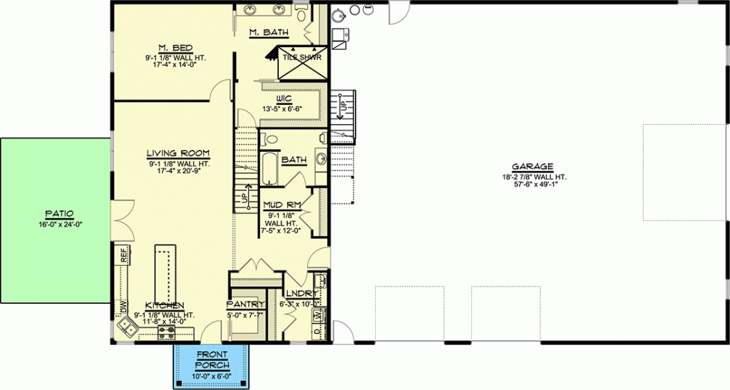 Main level floor plan of the barndominium with a wrap-around porch, 3-car garage, patio, living room, kitchen, pantry, laundry, mudroom, bath, and the main bedroom.