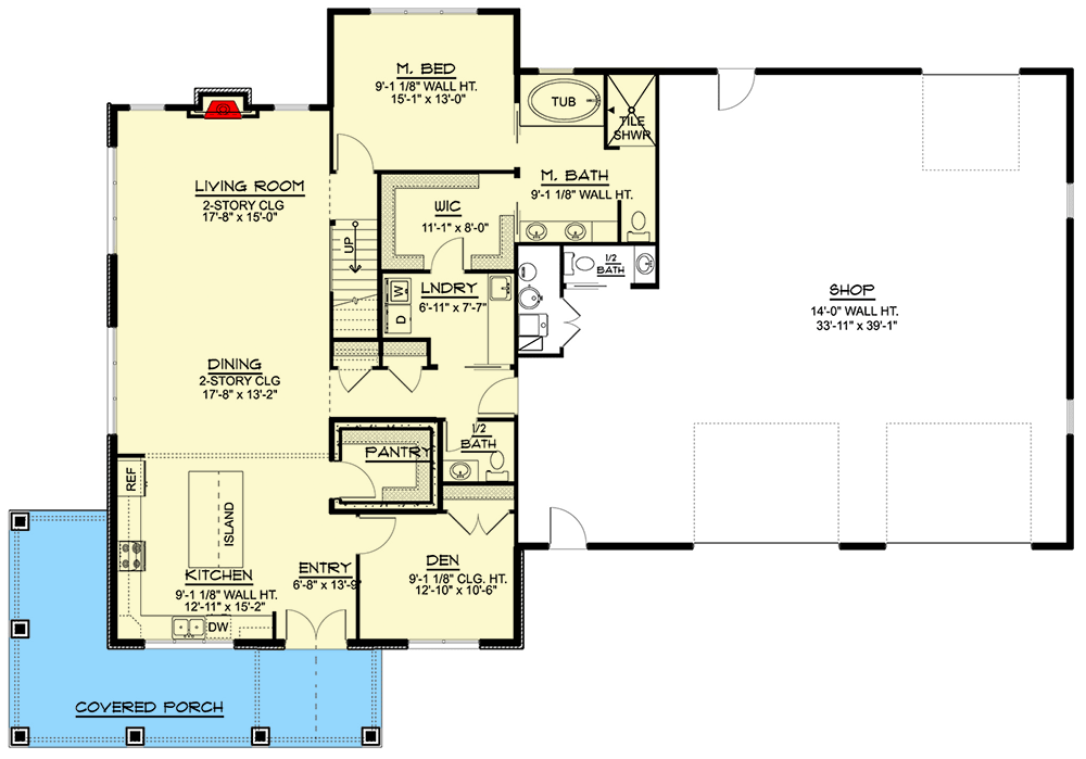 First level floor plan of the country house barndominium with a covered porch, an entry hall, kitchen, den, pantry, dining room, living room, master's bedroom, walk-in-closet, laundry, 3 bathrooms, and the space for the garage/shop.