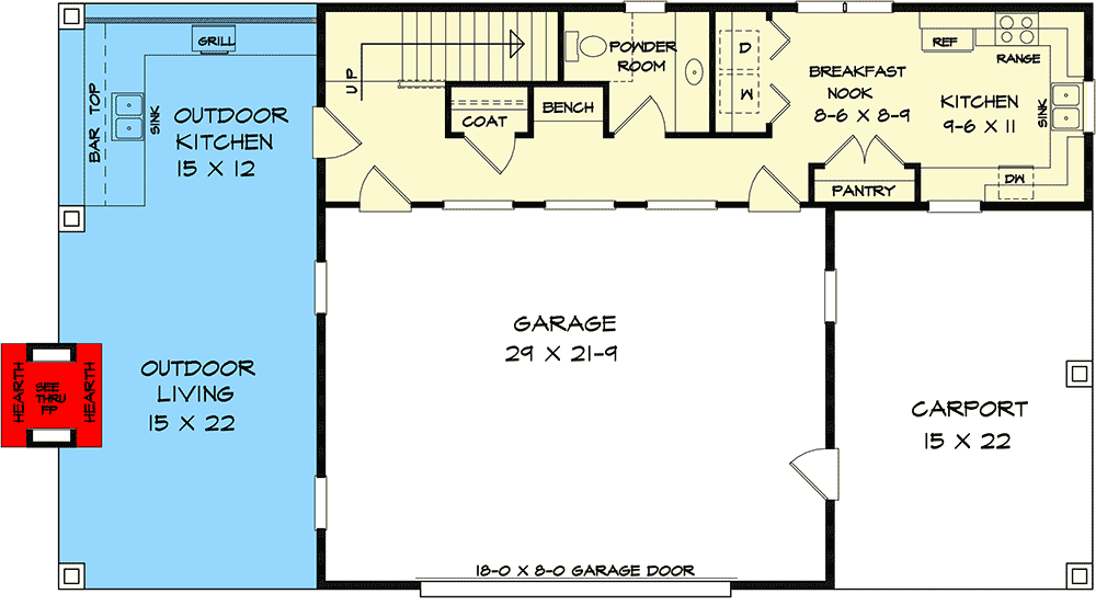 Main level floor plan of the Brilliant Barn-like Ranch barndominium with a 3-car garage, outdoor living area, outdoor kitchen, kitchen, carport, breakfast nook.