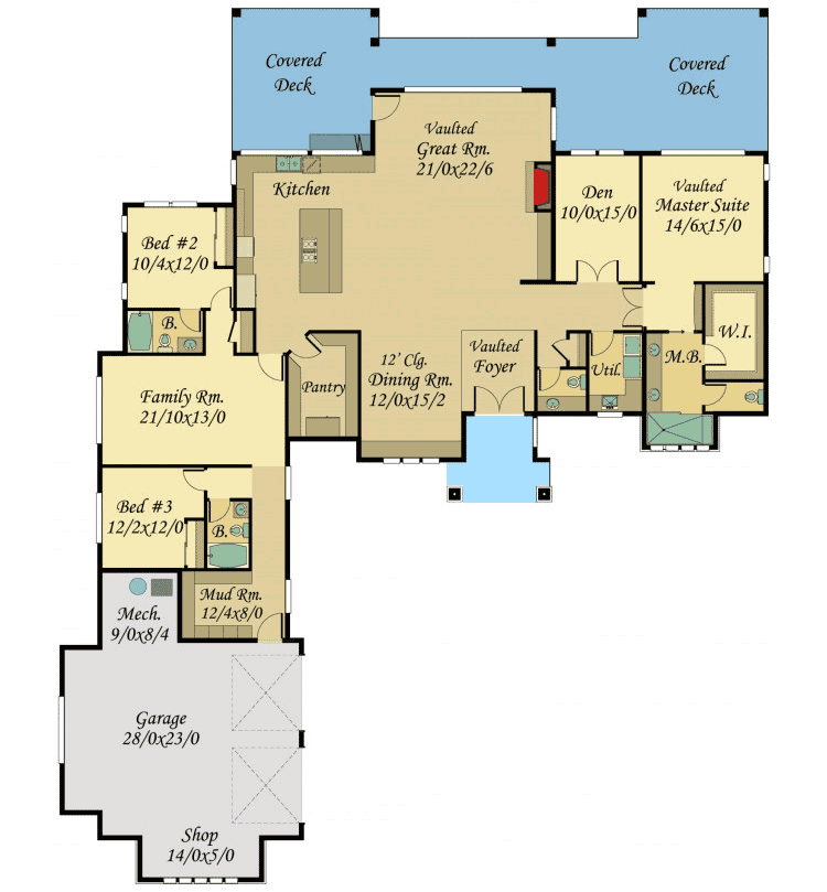 Main level floor plan of the Mountain Rustic Ranch Barn with a 2 car garage, mech room, mud room, 3 bedrooms with bathrooms and a walk-in-closet, a family room, kitchen, pantry, dining room, vaulted great room, den vaulted foyer, and a covered deck