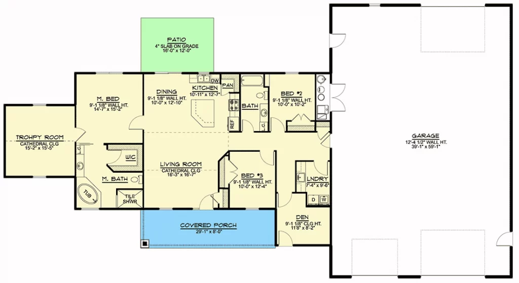 First level floor plan of the 3-bedroom single-story barn-style House., with a 3 car garage, covered porch, patio, living room, dining area, kitchen, trophy room, and 3 bedrooms.