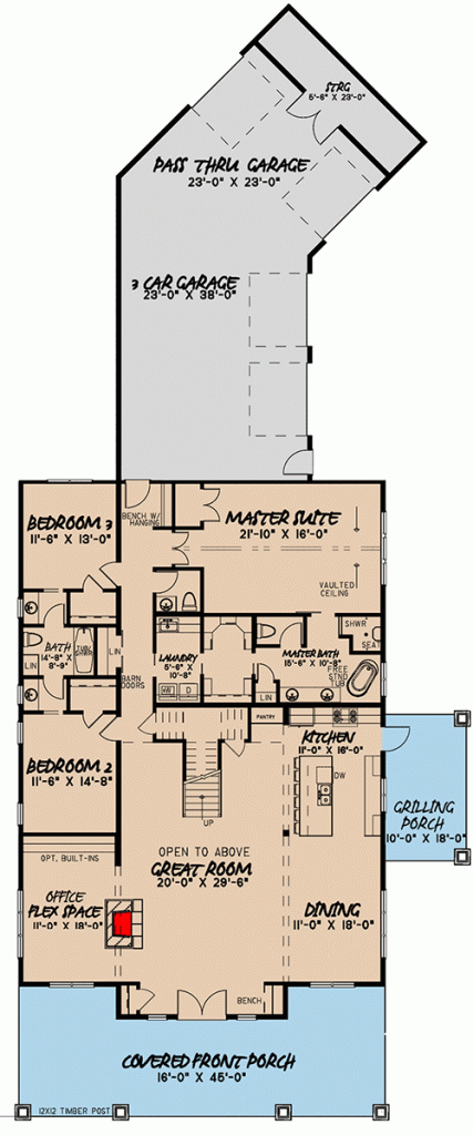 Main level floor plan of the barndominium with wrap-around porches, 3-car garage, great room, office, dining area, kitchen, grilling porch, laundry room, bathroom, and 3 bedrooms.