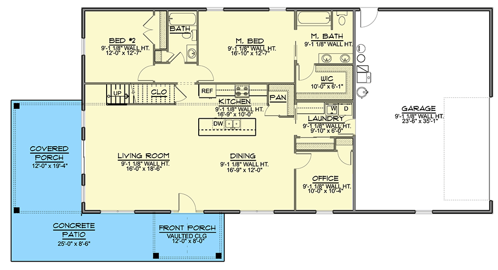 First level floor plan of the Spacious Country Style House with Wide Porch with 2 covered porch, a concrete patio, a home office, dining room, living room, kitchen. pantry, laundry room, 2 bedrooms including bathrooms and walk-in-closets, and a 2-car garage.