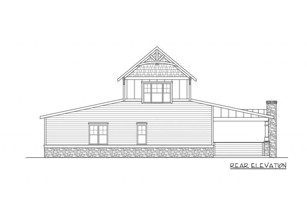 Rear elevation sketch of the  Brilliant Barn-like Ranch Home barndominium.
