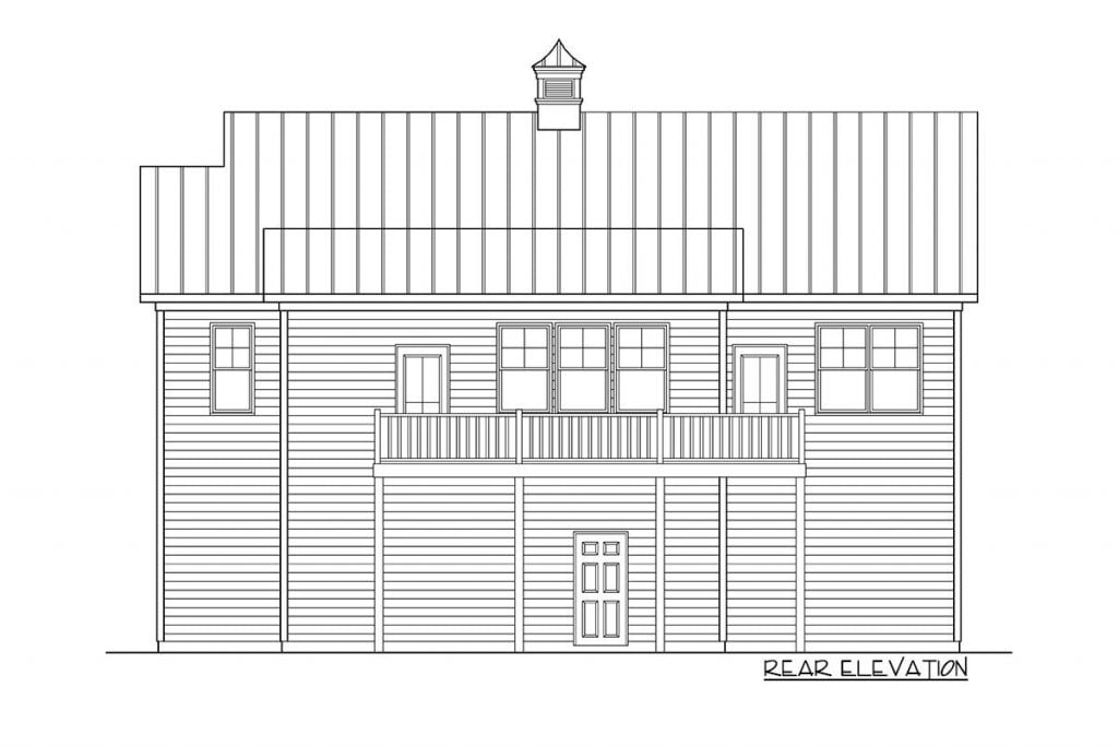 The rear elevation sketch of the Refined Garage Apartment & Open Deck barndominium.