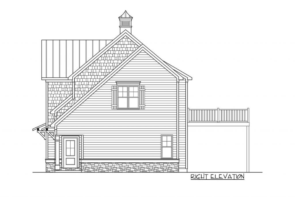 The right elevation sketch of the Refined Garage Apartment & Open Deck barndominium.