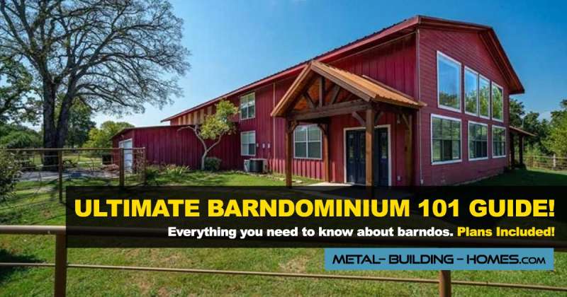 featured image of ultimate barndominium guide showing a big red metal barndominium with big front windows