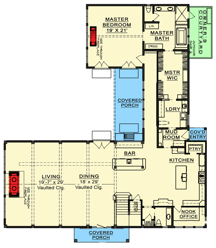 First level floor plan of the enchanting country house with 2 covered porch, vaulted dining and living room with a see-through fireplace, a nook office, kitchen, a bar island, pantry, mud room, laundry room, a master's bedroom with a bathroom and walk-in-closet, and a courtyard