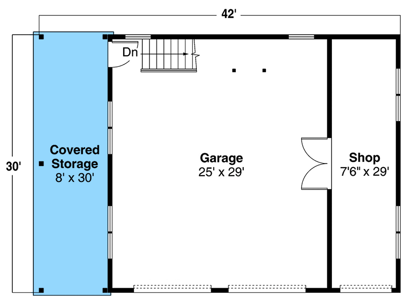 First level floor plan of the Absolute Economical Barndo with garage, shop, covered storage.