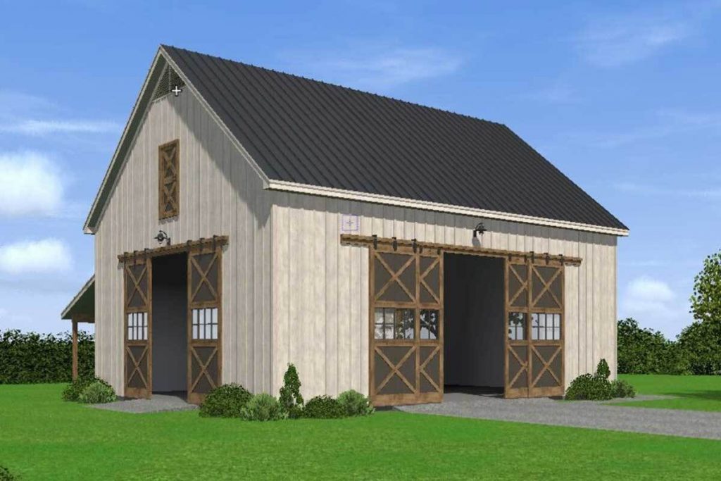 3D render of the Tractor Port in an Expanded Barn-Style Shed showcasing the bar-style doors.