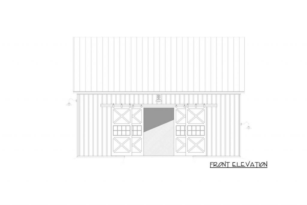 Front elevation sketch of the Tractor Port in an Expanded Barn-Style Shed.