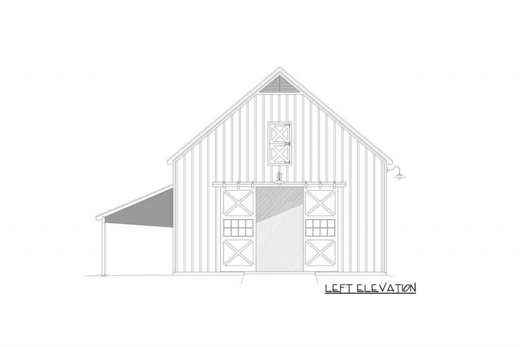 Left elevation sketch of the Tractor Port in an Expanded Barn-Style Shed.