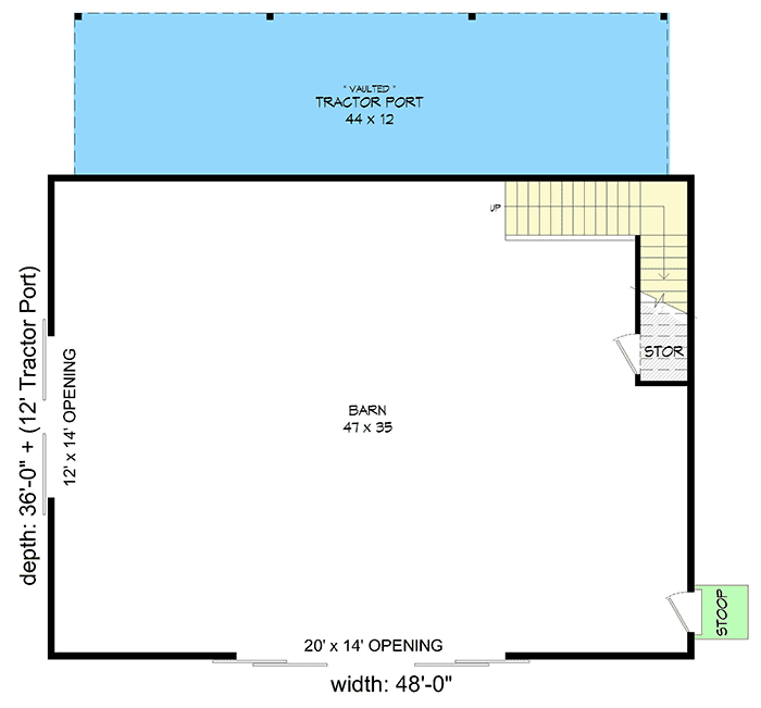 First level floor plan of the Tractor Port in an Expanded Barn-Style Shed with barn and vaulted tractor port.